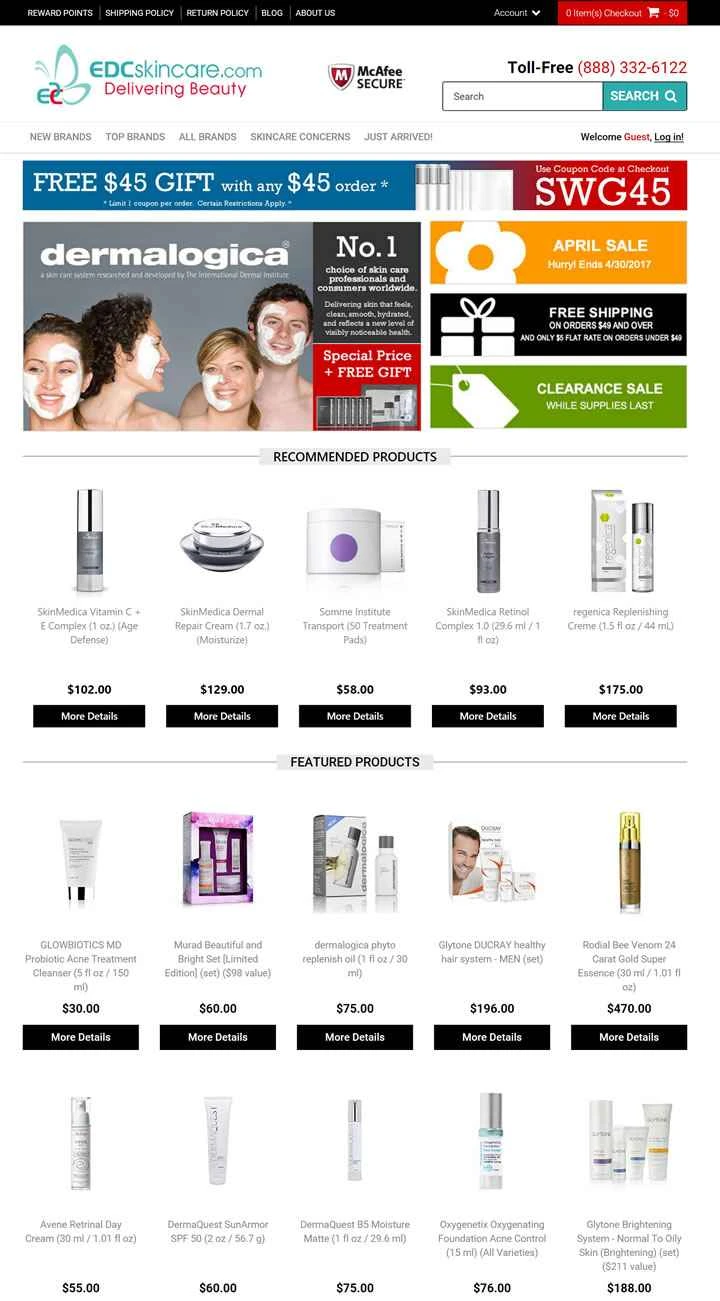 米国のドラッグストアのウェブサイト：EDCskincare.com（日焼け止め、ニキビ治療薬、アンチエイジング製品など）