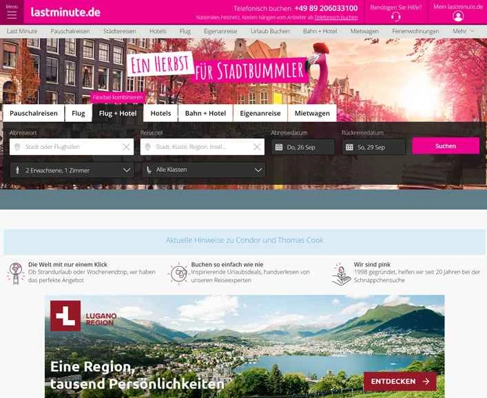 Lastminute.de は、人気の高いドイツの旅行・レジャー ウェブサイトです。