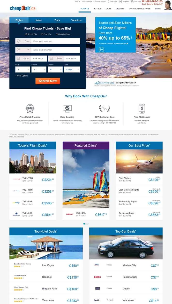 カナダの格安航空券予約サイト：CheapOair.ca
