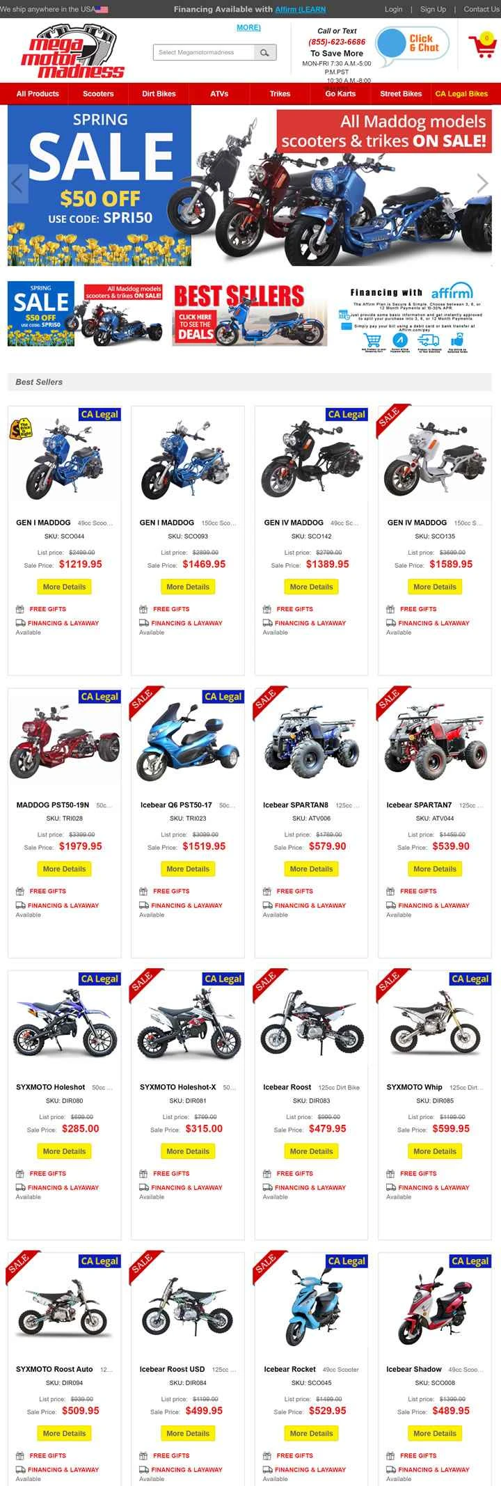 米国を拠点とするスクーターとモペットの販売ウェブサイト、Mega Motor Madness。