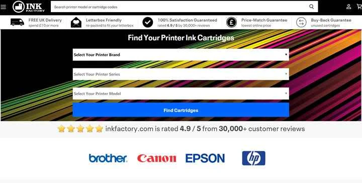 プリンターのインク カートリッジを販売する英国ベースの Web サイト、Ink Factory。