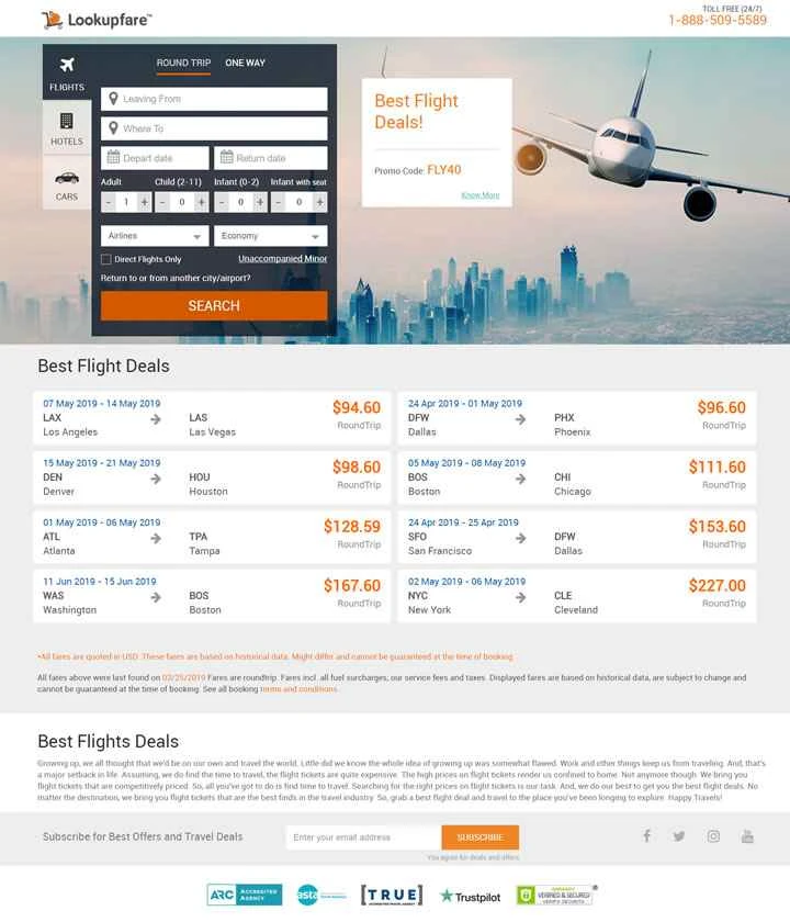 LookupFare は、米国最高のオンライン航空券予約ウェブサイトです。