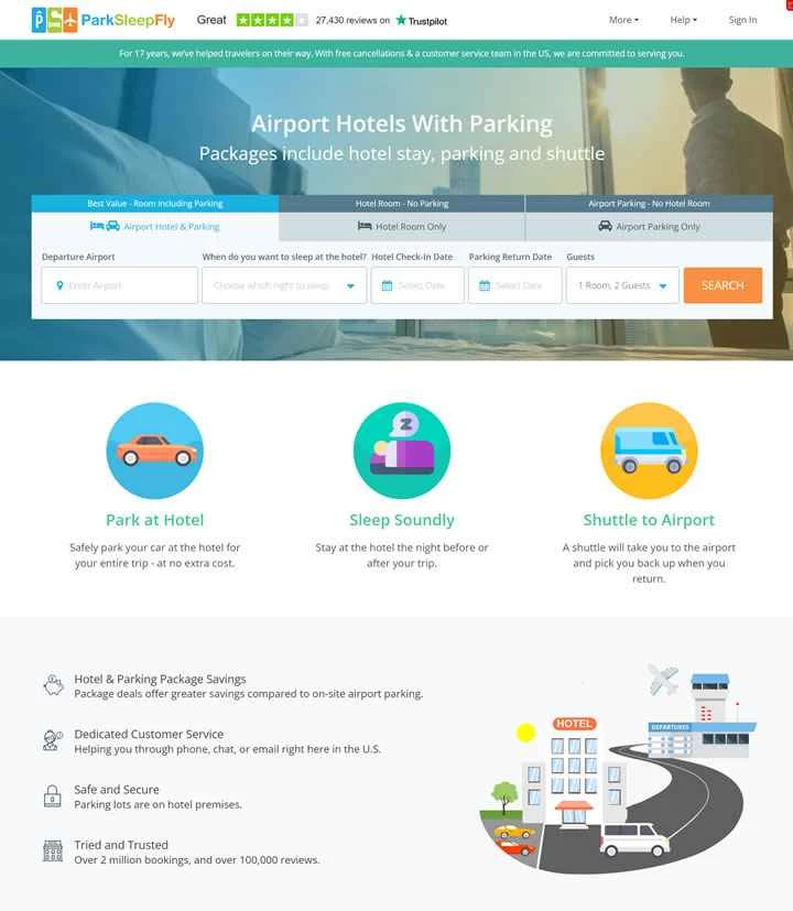 駐車場付き空港ホテル：ParkSleepFly（ホテル宿泊、駐車場、シャトルサービスを含む）