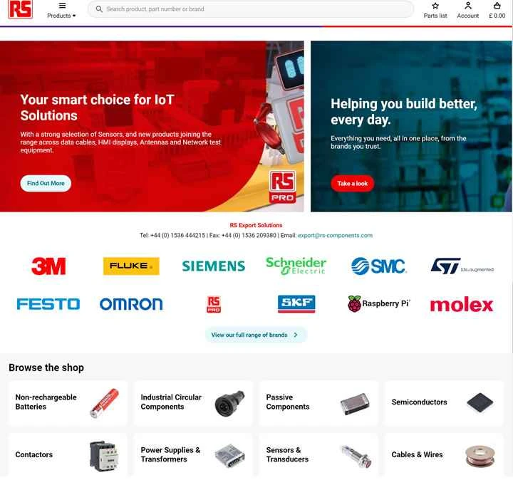 RS Components (米国): 電子部品、オートメーションおよび制御部品、エンジニアリング ツール、消耗品を扱う世界最大規模の B2B ディストリビューターの 1 つ。