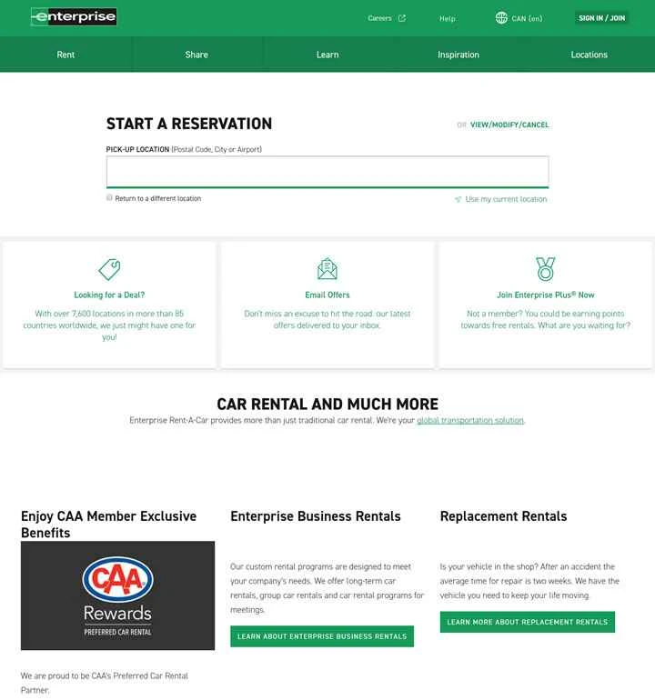 カナダのレンタカーウェブサイト：Enterprise Rent-A-Car