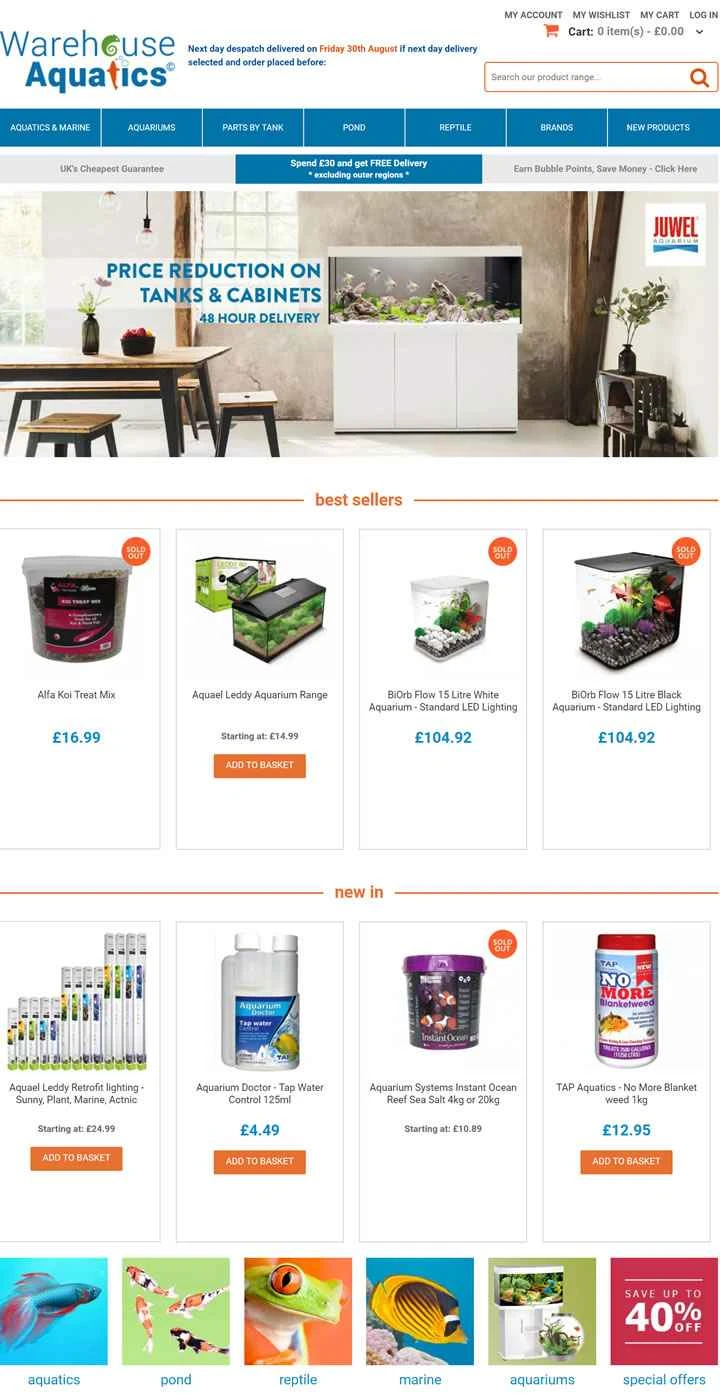Warehouse Aquatics は、英国を拠点とする水槽および池用品のオンライン ストアです。
